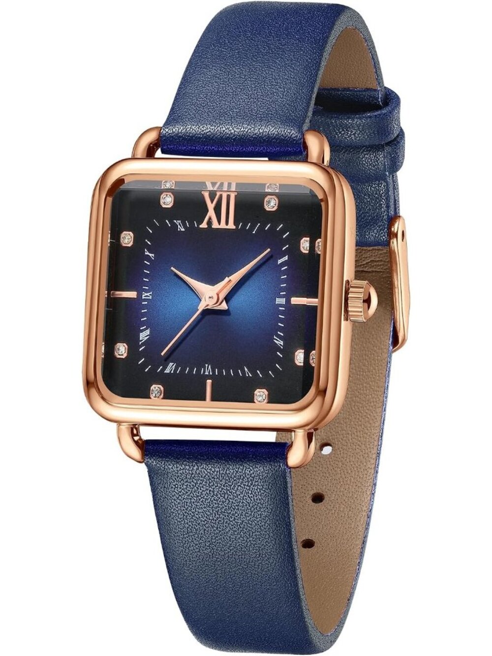 Women's Blue Square Dial Quartz Stainless Steel Case Leather Strap Wrist Watches